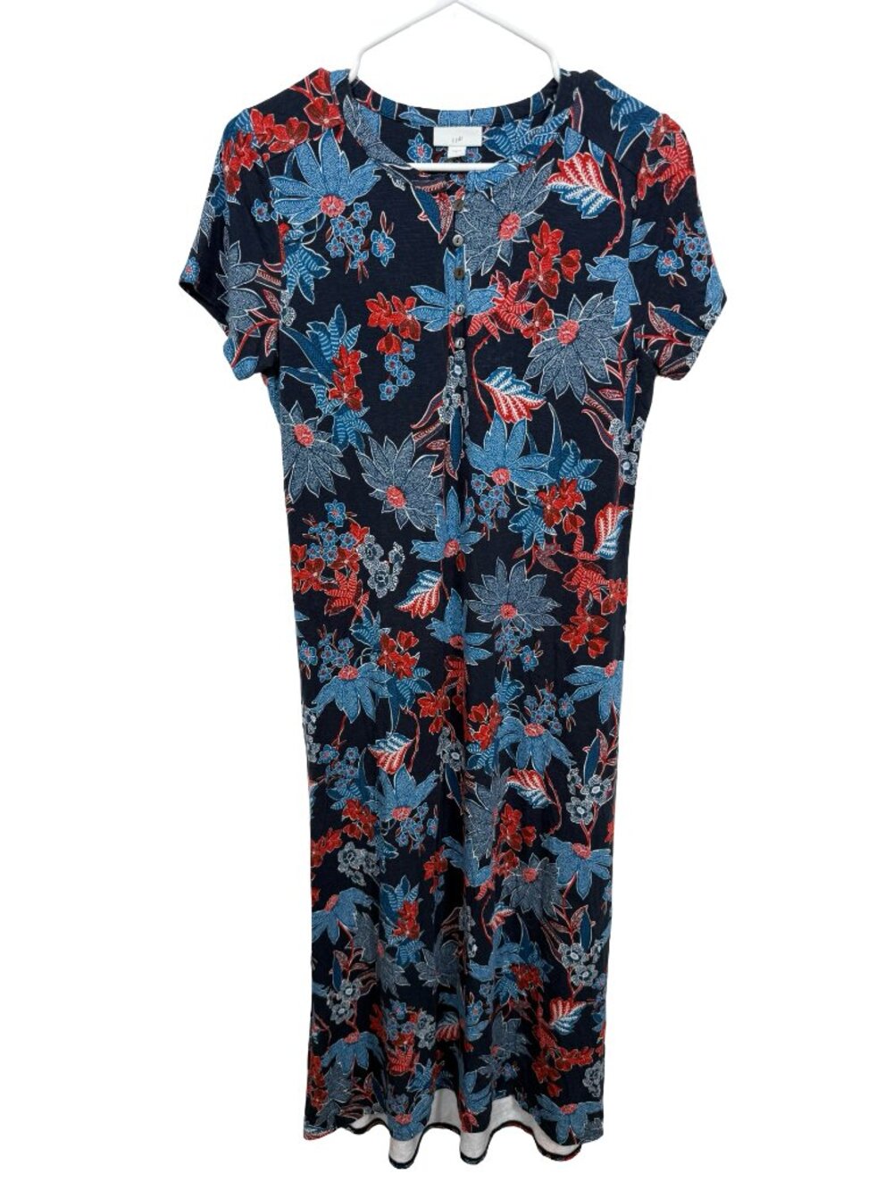 J Jill Shirt Dress Small Blue Red Floral Midi Rayon Stretch Henley Button Boho